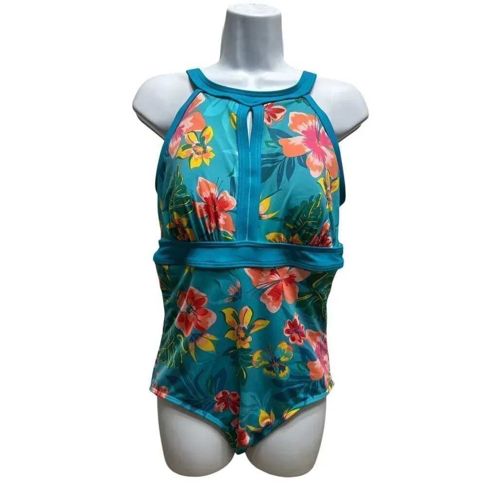 Lands’ End Floral Tummy Control One Piece Swimsuit Size 10 DD Blue Orange